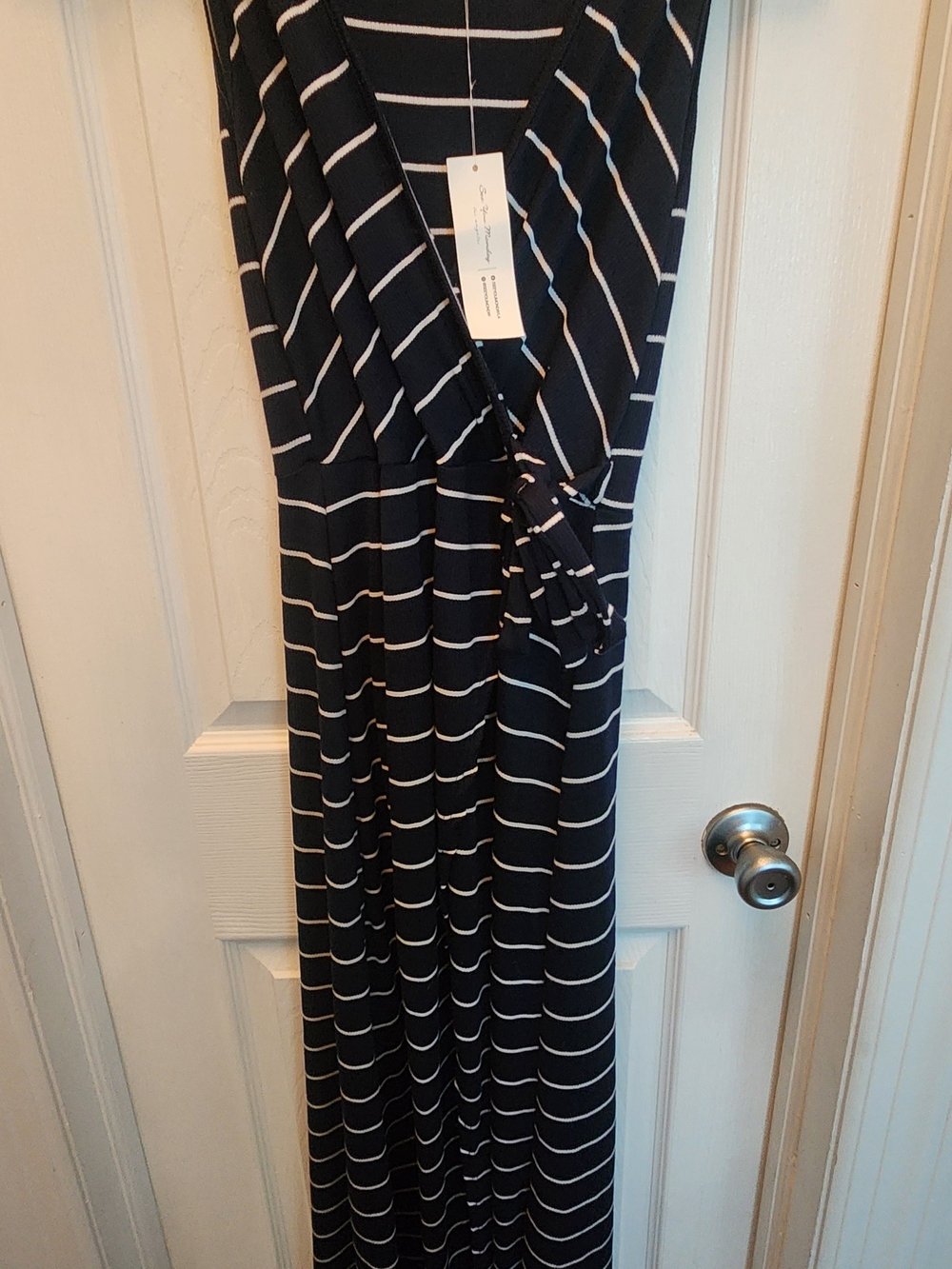 See You Monday Navy & White Striped Wrap Maxi Jumpsuit